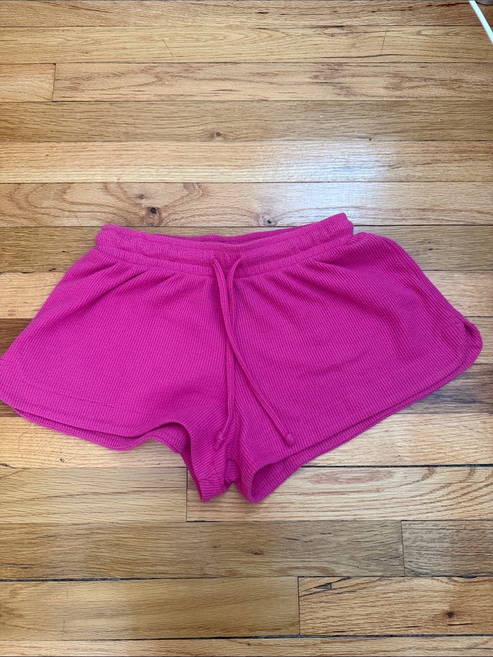 High-Rise Hot Pink Waffle Knit Athletic Shorts with Drawstring
